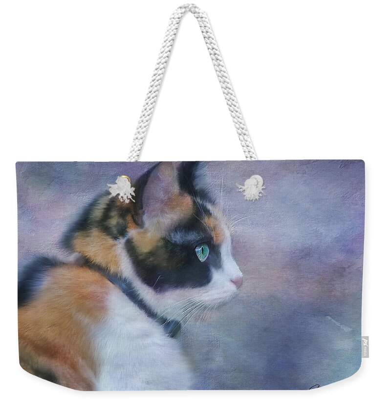 Cat Weekender Tote Bag featuring the digital art The Calico Staredown by Colleen Taylor