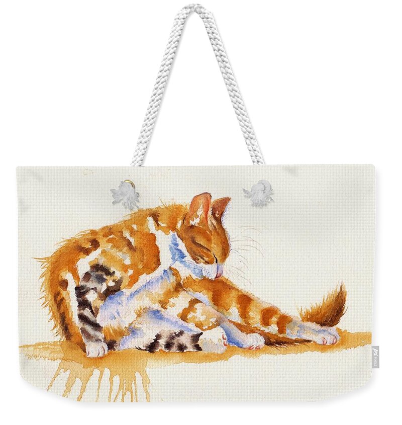 Cats Weekender Tote Bag featuring the painting The Cat-ortionist by Debra Hall