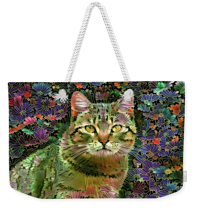 Colorful Cat Weekender Tote Bag featuring the digital art The Cat Who Loved Flowers 1 by Peggy Collins