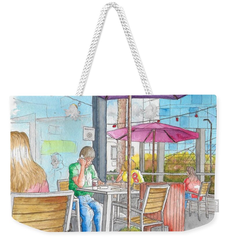 Coffee Bean Weekender Tote Bag featuring the painting The Coffee Bean in Sunset Blvd acroos Directors Guild, West Hollywood, California by Carlos G Groppa