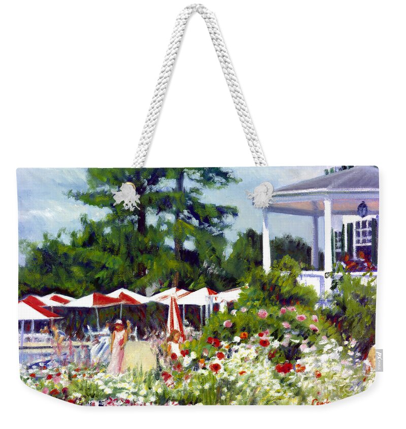 Striped Umbrellas Weekender Tote Bag featuring the painting The Colony with Umbrellas by Candace Lovely