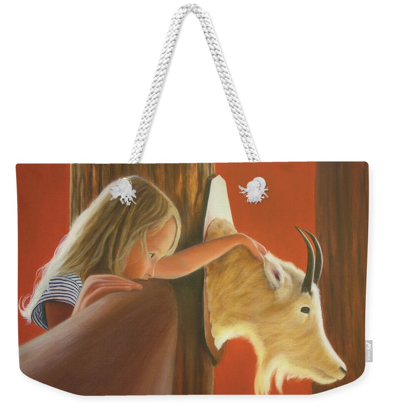 Girl; Goat; Caring; Compassion; Lodge; Taxidermy; Contemplation Weekender Tote Bag featuring the painting The Comforter by Marg Wolf