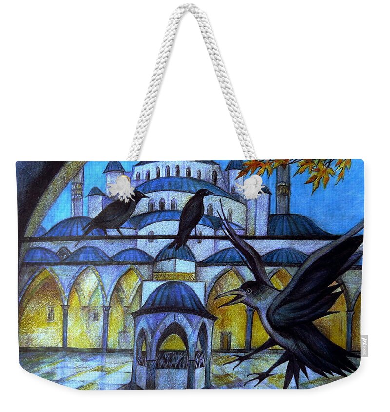 Travel Impressions Weekender Tote Bag featuring the drawing The Courtyard of the Blue Mosque at Dusk by Anna Duyunova
