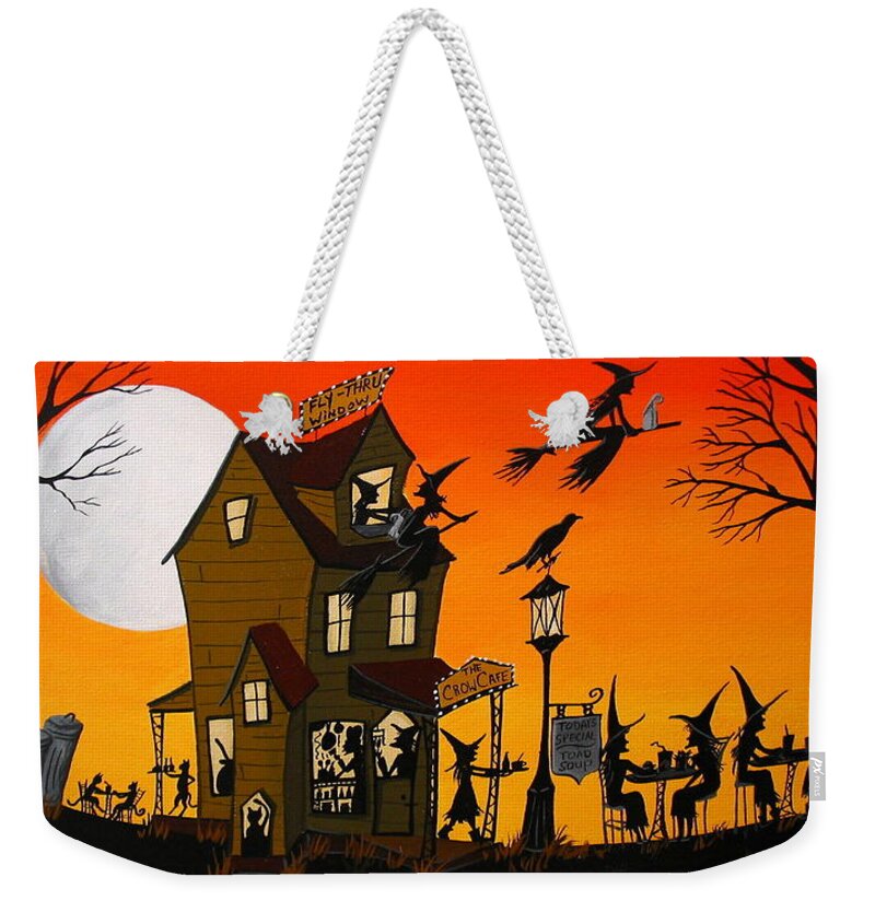 Art Weekender Tote Bag featuring the painting The Crow Cafe - Halloween witch cat folk art by Debbie Criswell