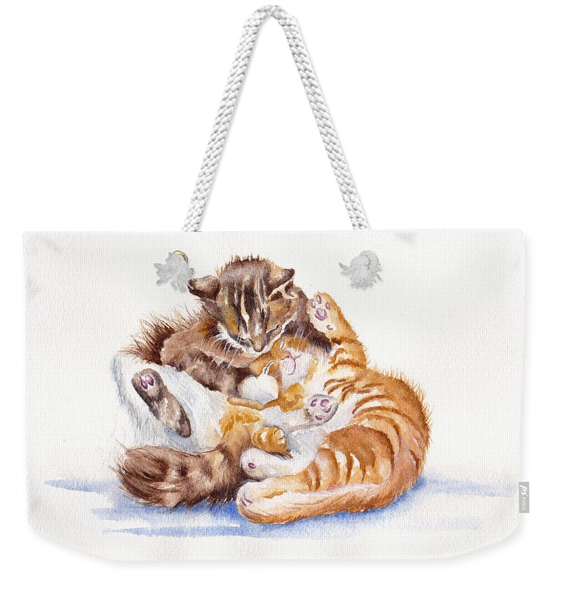 Cats Weekender Tote Bag featuring the painting The Cuddly Kittens by Debra Hall
