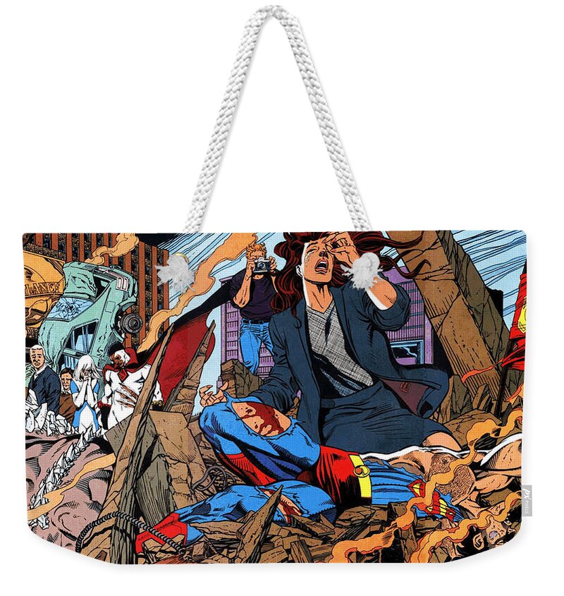 The Death Of Superman Weekender Tote Bag featuring the digital art The Death Of Superman by Super Lovely