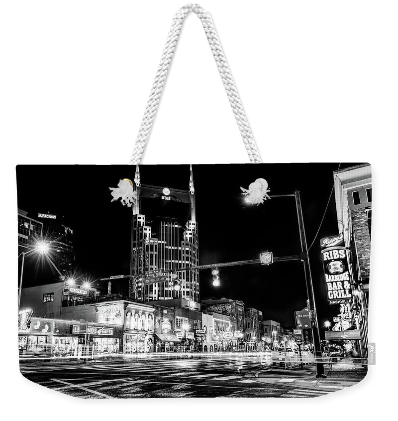 America Weekender Tote Bag featuring the photograph The District - Nashville Tennessee Black and White by Gregory Ballos