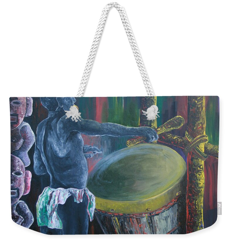 The Drummer Weekender Tote Bag featuring the painting The Drummer by Obi-Tabot Tabe