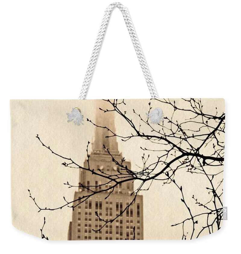 Empire State Building Weekender Tote Bag featuring the photograph The Empire State Building on a Foggy Afternoon by Sarah Loft