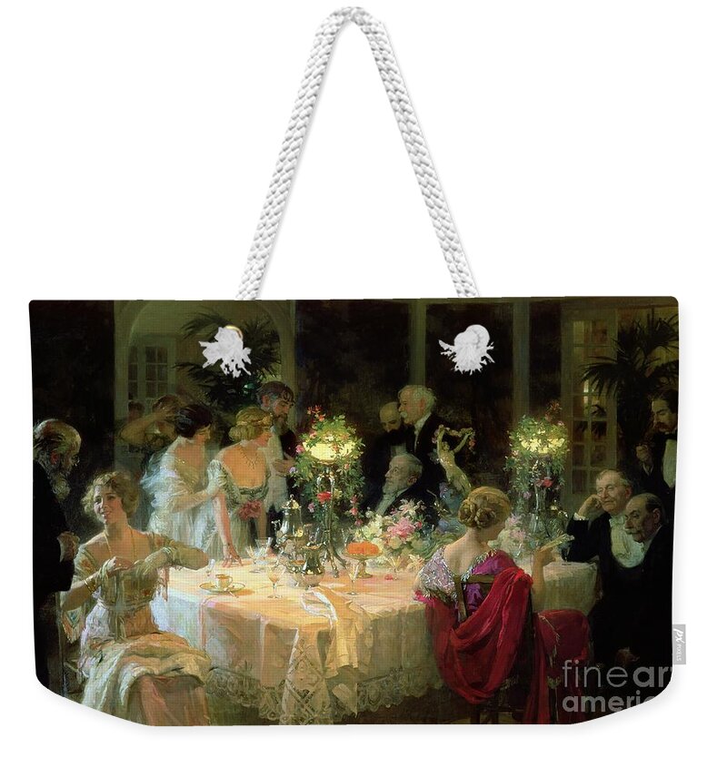 The Weekender Tote Bag featuring the painting The End of Dinner by Jules Alexandre Grun