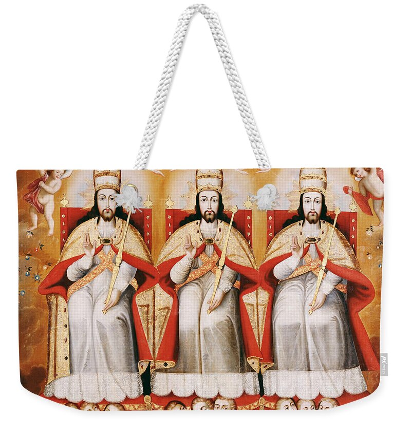 Cuzco School Weekender Tote Bag featuring the painting The Enthroned Trinity as Three Identical Figures by Cuzco School