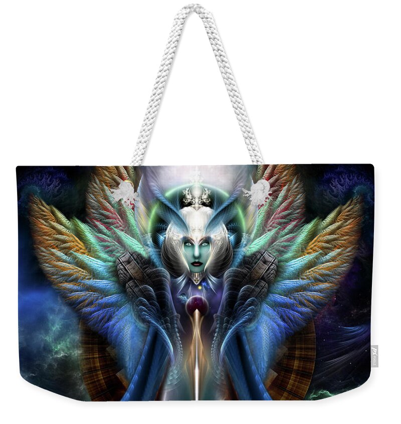 Fractal Weekender Tote Bag featuring the digital art The Eternal Majesty Of Thera Fractal Portrait by Rolando Burbon