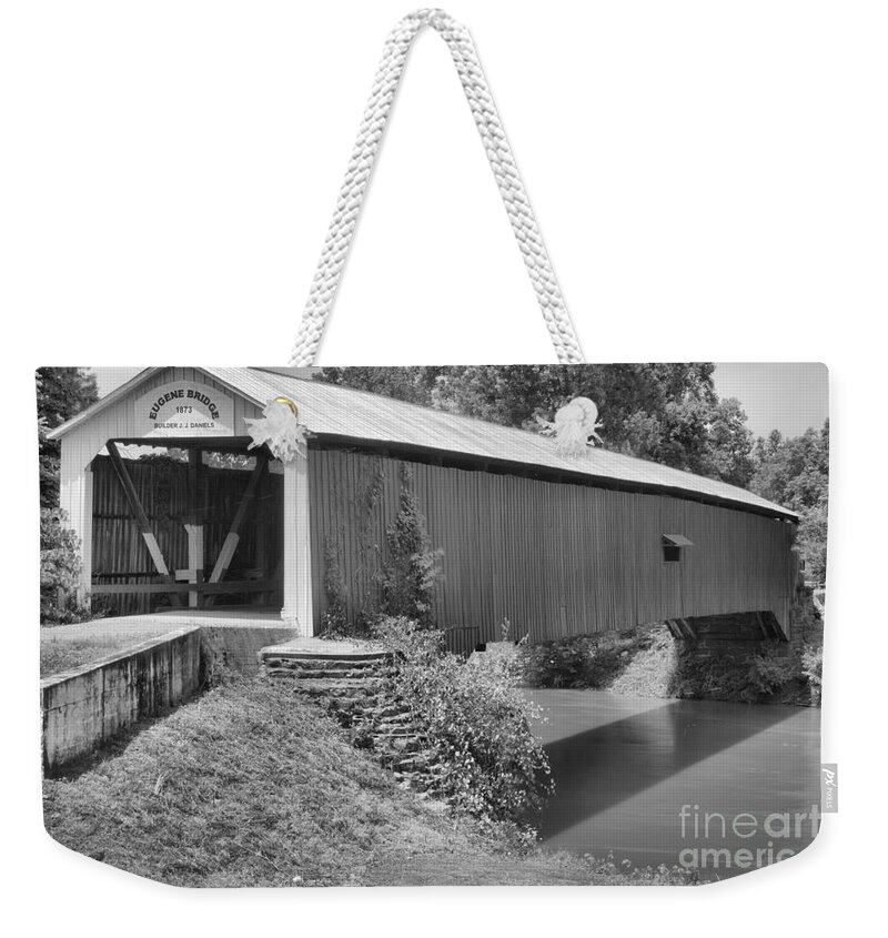 Eugene Covered Bridge Weekender Tote Bag featuring the photograph The Eugene Covered Bridge Black And White by Adam Jewell