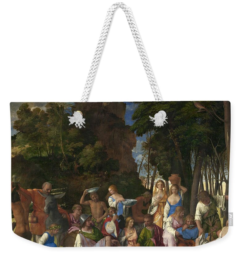 Titian Weekender Tote Bag featuring the painting The Feast Of The Gods by Titian