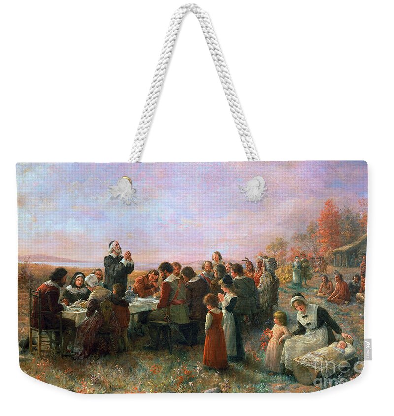1621 Weekender Tote Bag featuring the painting The First Thanksgiving by Granger