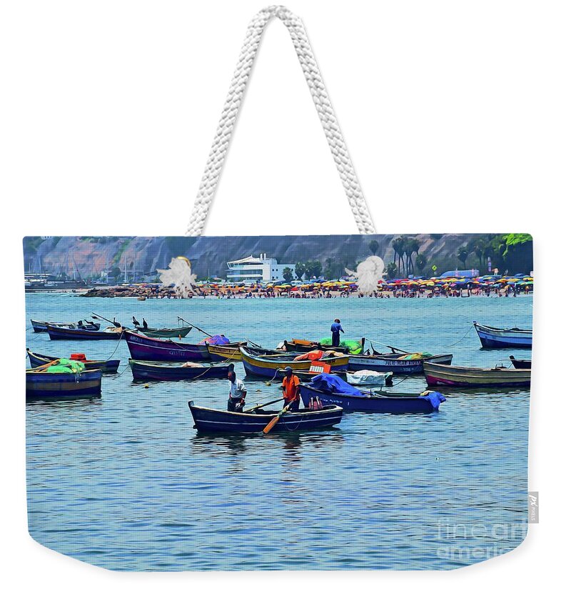 The Fishermen Weekender Tote Bag featuring the photograph The Fishermen - Miraflores, Peru by Mary Machare