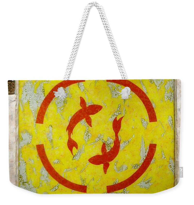 Yellow Weekender Tote Bag featuring the glass art The Fishes by Christopher Schranck