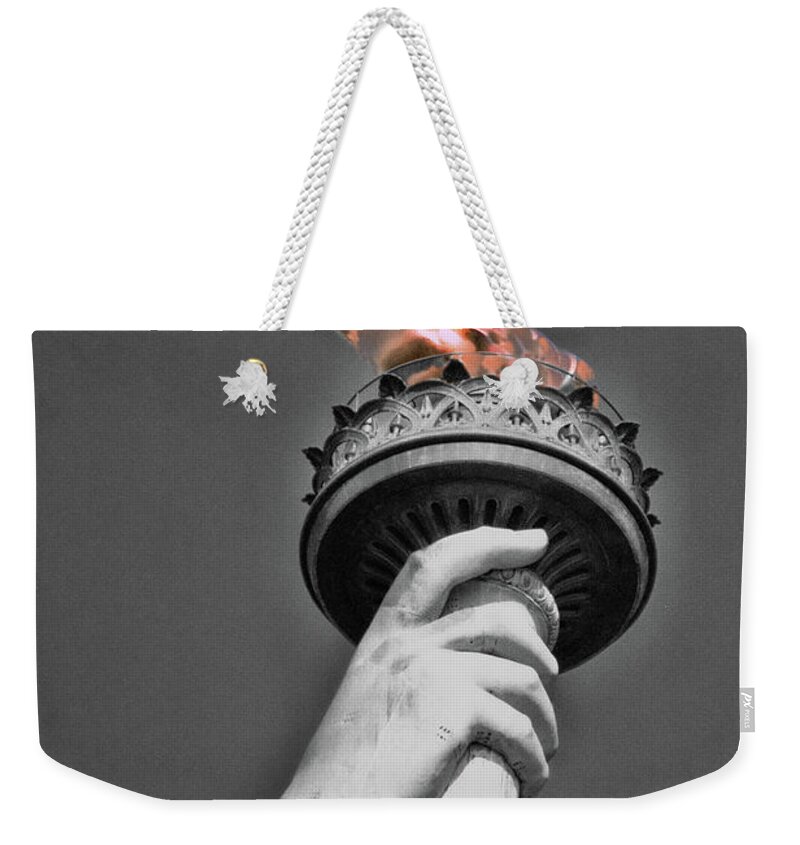 Statue Of Liberty Weekender Tote Bag featuring the photograph The Flame of Liberty - B and W by Allen Beatty
