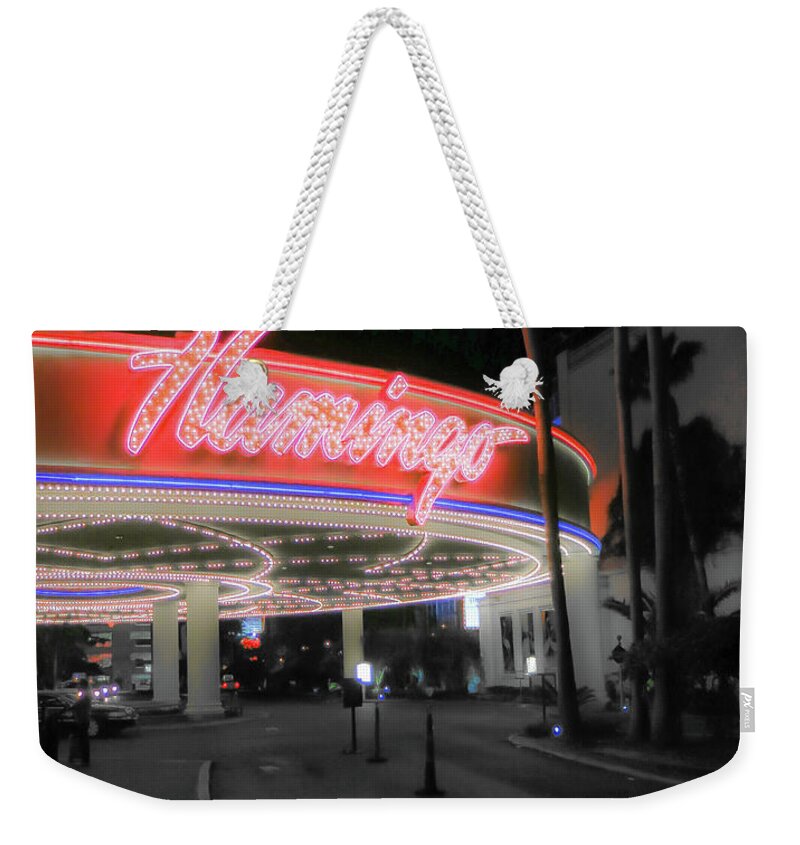 Casino Neon Sign Lights Night City Vegas Nevada Weekender Tote Bag featuring the photograph The Flamingo by Ross Henton