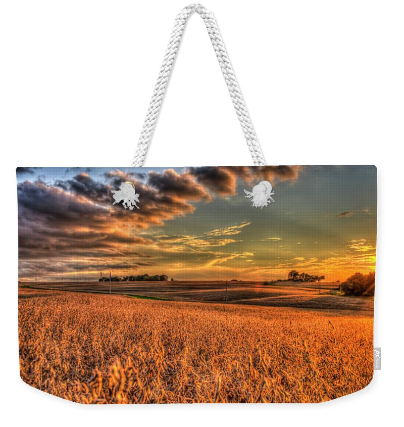 Reid Callaway Soybean Fields Sunset Weekender Tote Bag featuring the photograph The Fleeting Sunset Missouri Soybean Farming Art by Reid Callaway