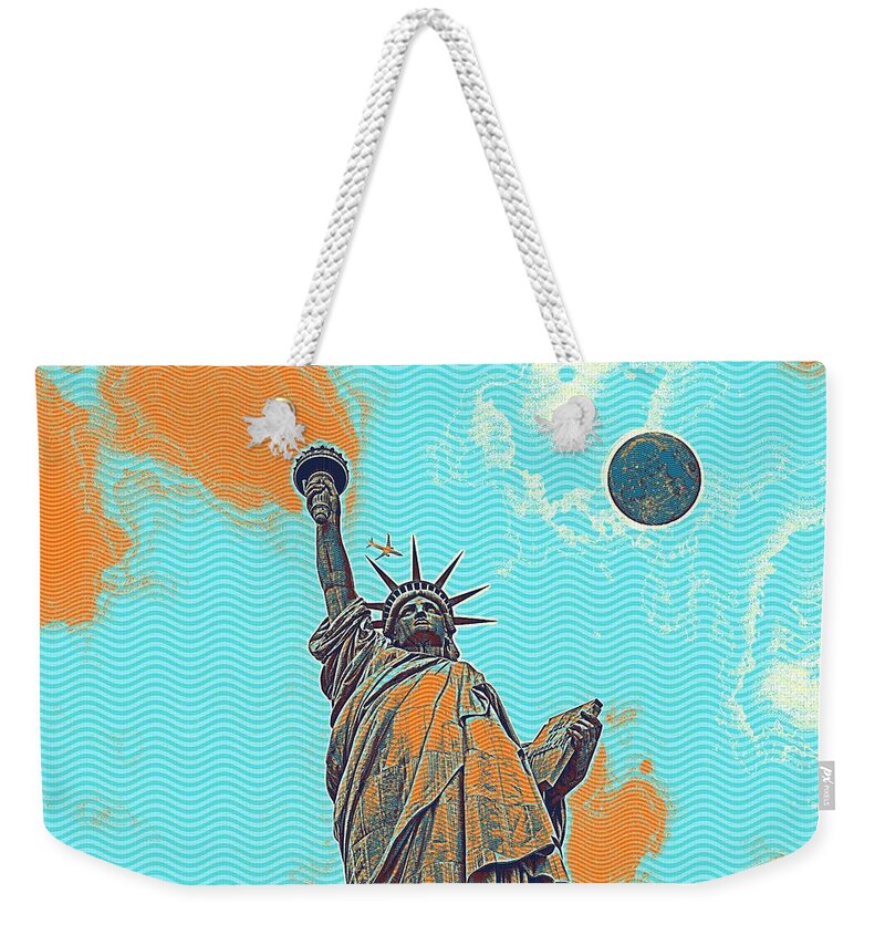 Statue Weekender Tote Bag featuring the painting The Fool Blood Moon and The Lady Liberty 5 by Celestial Images