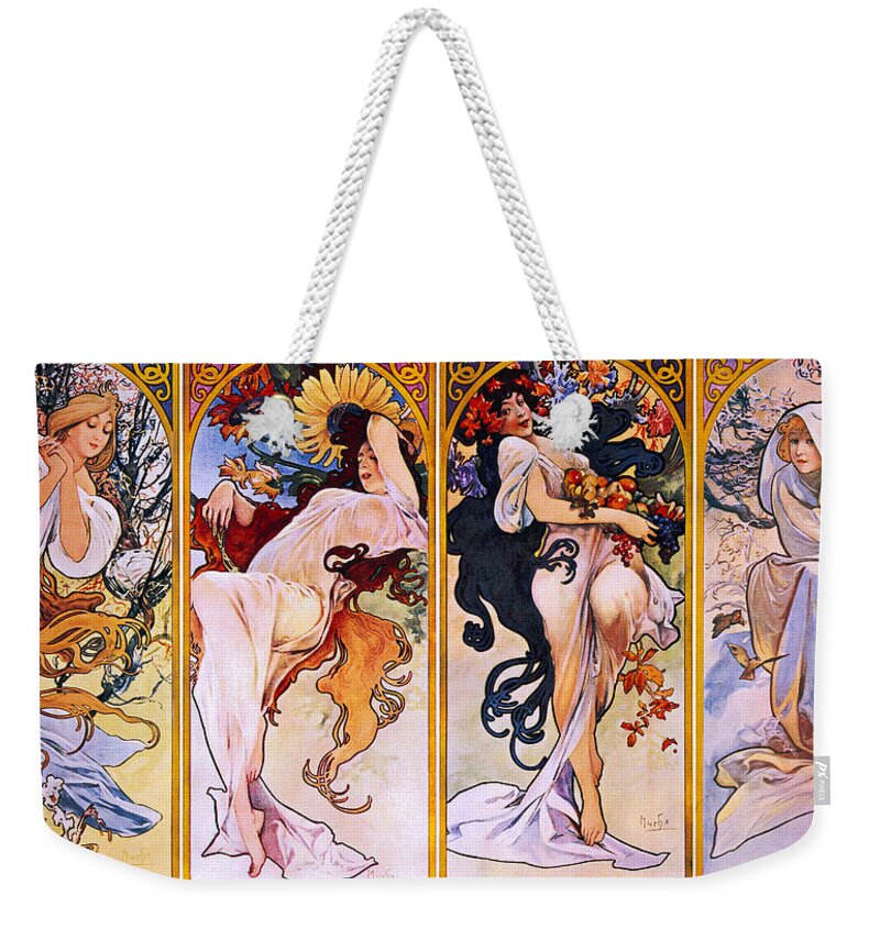 Alphonse Mucha Weekender Tote Bag featuring the painting The Four Seasons by Alphonse Mucha