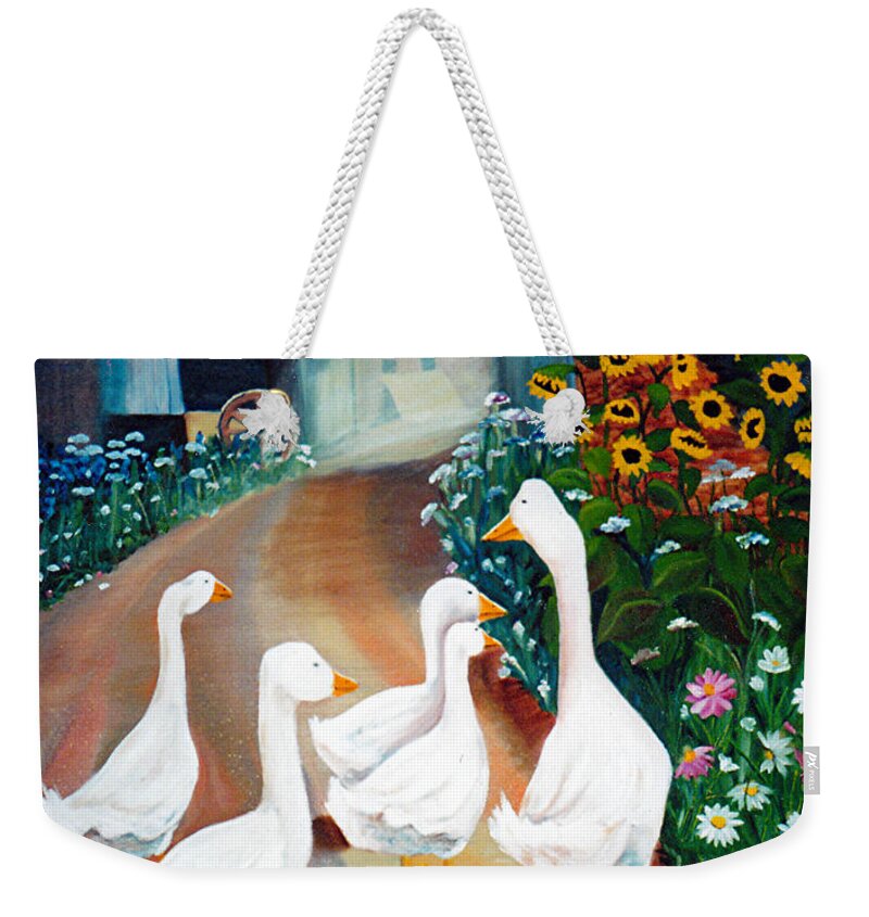 Geese Weekender Tote Bag featuring the painting The Gaggle by Renate Wesley