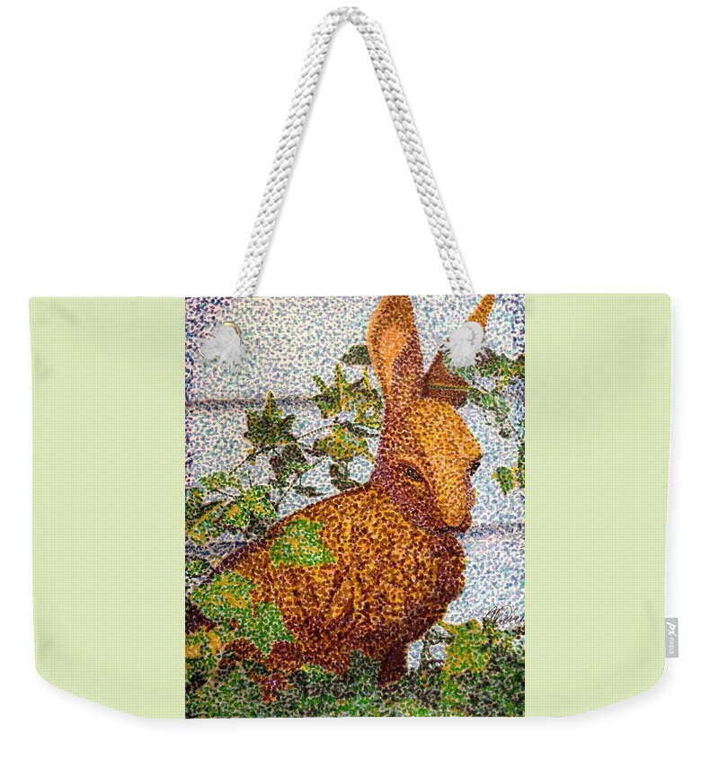 Hare Weekender Tote Bag featuring the drawing The Garden Hare by Angela Davies
