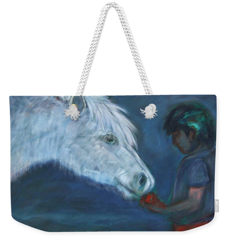 Katt Yanda Original Art Horse Oil Painting Canvas Boy Giving Apple To White Pony Gift Eat Share Weekender Tote Bag featuring the painting The Gift by Katt Yanda