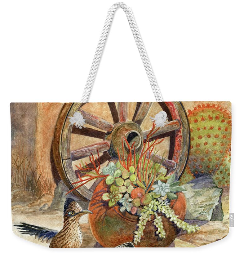 Roadrunners Weekender Tote Bag featuring the painting The Gift by Marilyn Smith