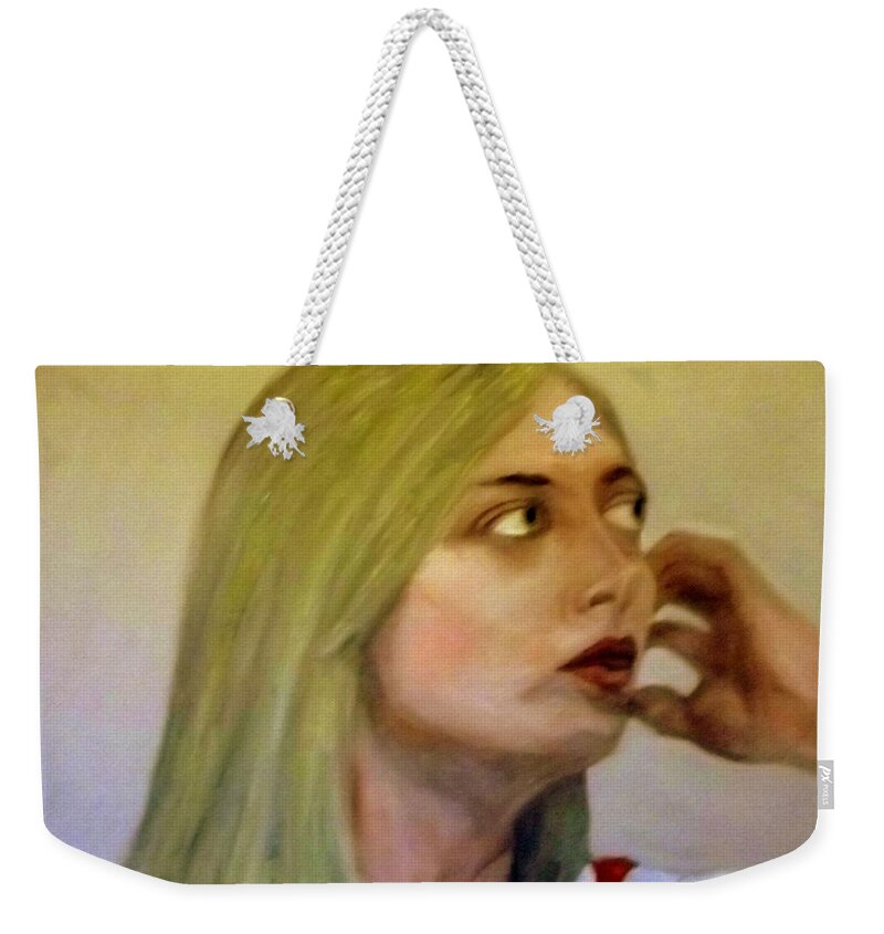 Young Blonde Woman Weekender Tote Bag featuring the painting The Girl with Large Green Eyes by Peter Gartner