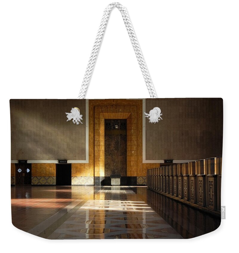 Darin Volpe Architecture Weekender Tote Bag featuring the photograph The Golden Age of Travel -- Union Station in Los Angeles, California by Darin Volpe