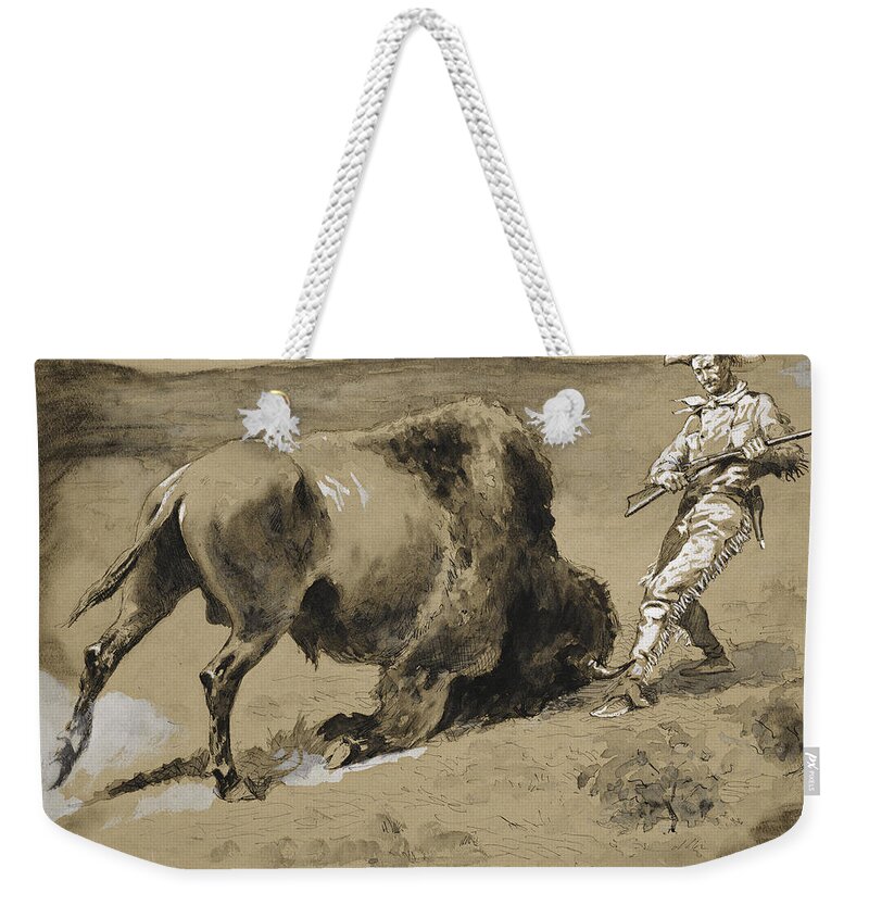 Frederic Remington Weekender Tote Bag featuring the drawing The Great Beast came crashing to Earth by Frederic Remington