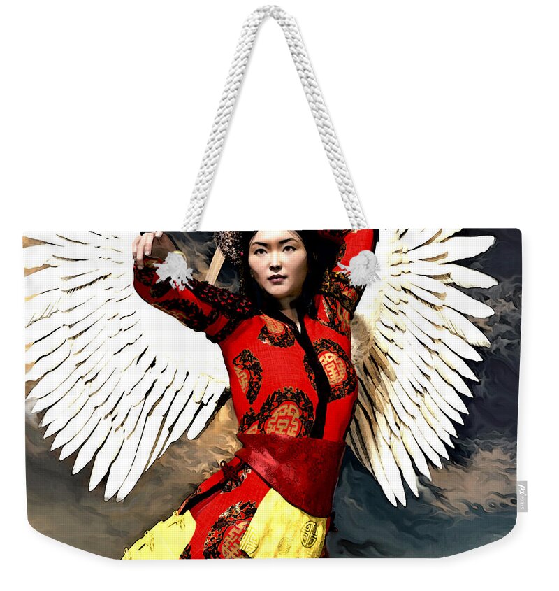 Asian Angel Weekender Tote Bag featuring the painting The Guardian by Suzanne Silvir