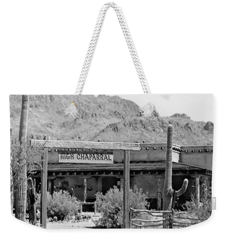 The High Chaparral Set With Sign Old Tucson Arizona 1969-2016 Weekender Tote Bag featuring the photograph The High Chaparral set with sign Old Tucson Arizona 1969-2016 by David Lee Guss