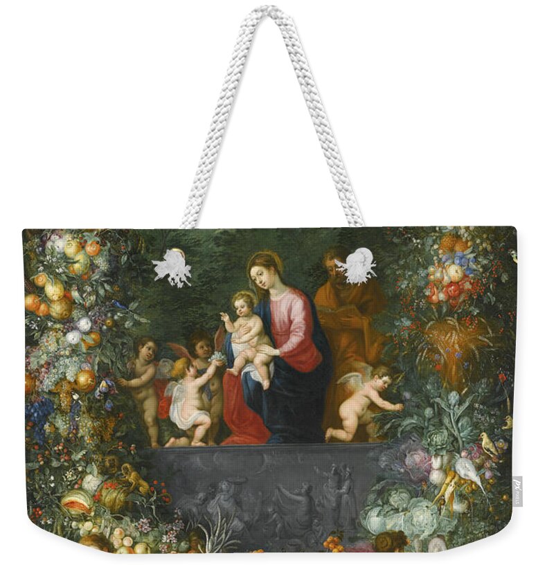 Jan Brueghel The Younger Weekender Tote Bag featuring the painting The Holy Family Within a Garland of Fruit, Flowers and Vegetables Held by Angels by Hendrick van Balen