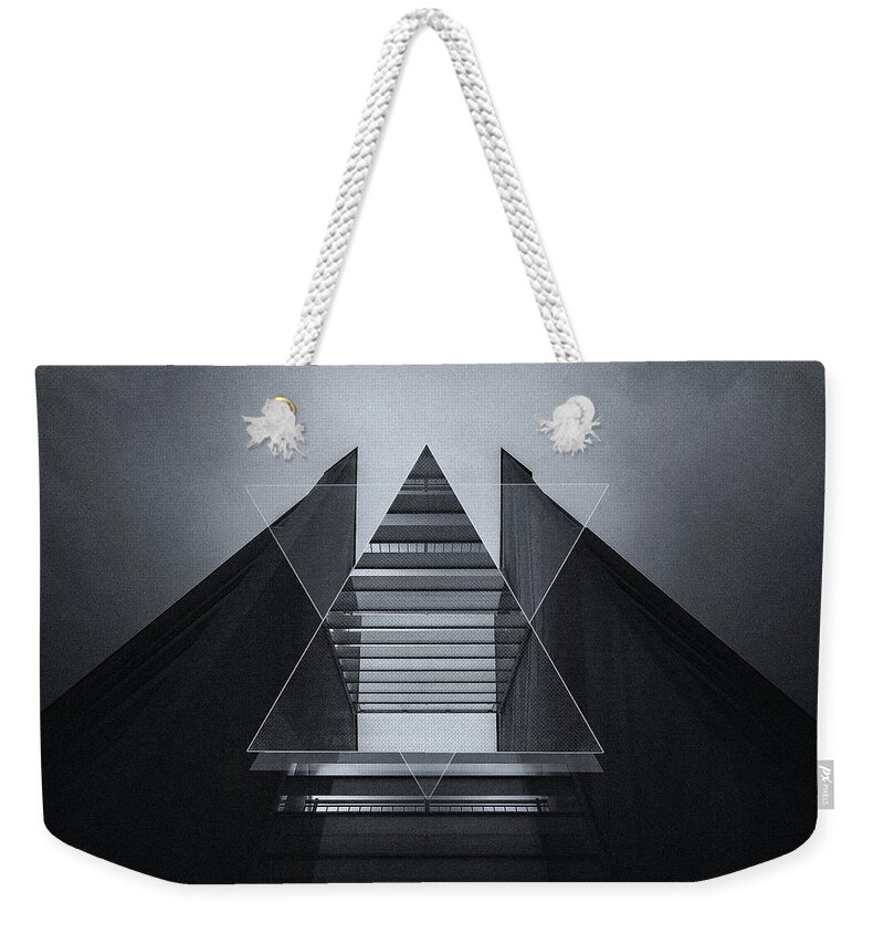 Back White Weekender Tote Bag featuring the photograph The Hotel experimental futuristic architecture photo art in modern black and white by Philipp Rietz