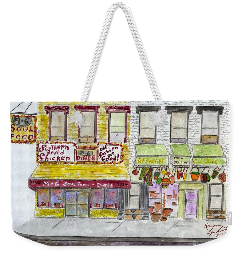 M&g Diner Weekender Tote Bag featuring the painting The Iconic M and G Diner in Harlem by AFineLyne