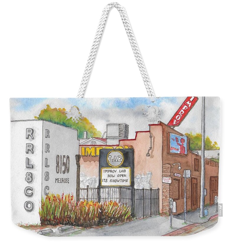 The Improv Comedy Store Weekender Tote Bag featuring the painting The Improv Comedy Store in Melrose Blvd., West Hollywood, California by Carlos G Groppa