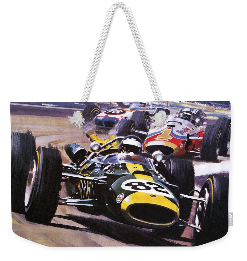 Indy 500 Weekender Tote Bag featuring the painting The Indianapolis 500 by Wilf Hardy