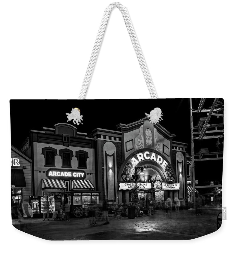 The Island Weekender Tote Bag featuring the photograph The Island Arcade In Black And White by Greg and Chrystal Mimbs