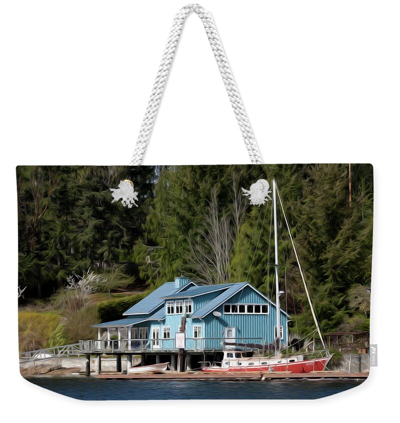 Lake Weekender Tote Bag featuring the digital art The Lake House - Digital Oil by Birdly Canada