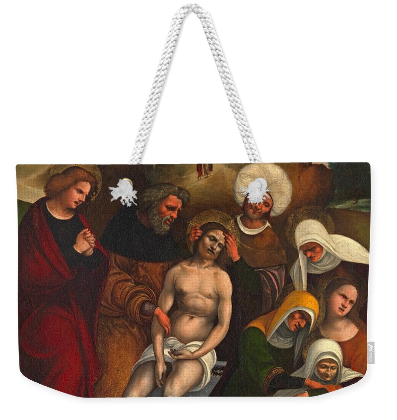 Ludovico Mazzolino Weekender Tote Bag featuring the painting The Lamentation by Ludovico Mazzolino