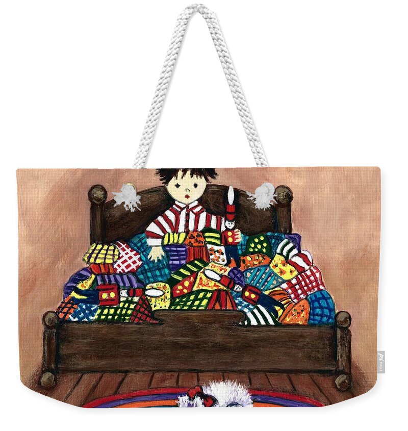 #childrensrooms #poems #robertlouis Stevenson #thelandofcounterpane #childrens #kidsrooms #colorfulpicturesforkids Weekender Tote Bag featuring the painting The Land of Counterpane by Allison Constantino
