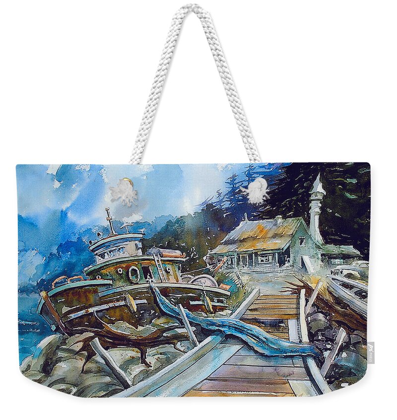 Boat Weekender Tote Bag featuring the painting The Last Bastion..on the Beach by Ron Morrison