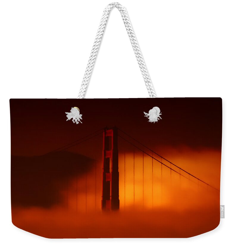 Golden Gate Bridge Weekender Tote Bag featuring the photograph The Last To Fall by Donna Blackhall