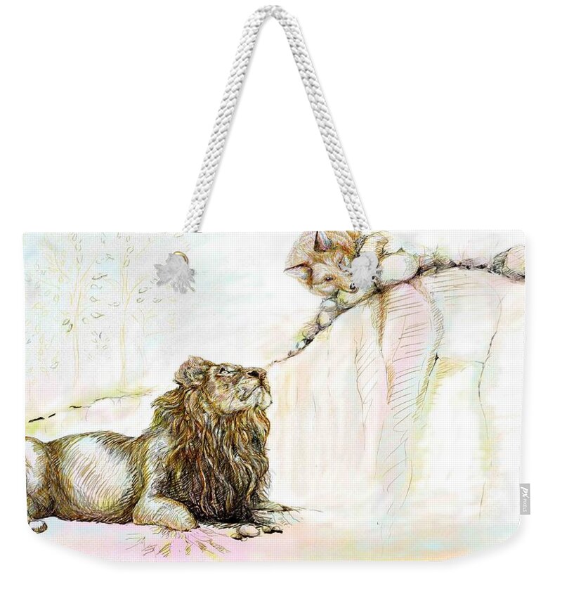 Lion Weekender Tote Bag featuring the painting The Lion and The Fox 1 - The First Meeting by Sukalya Chearanantana