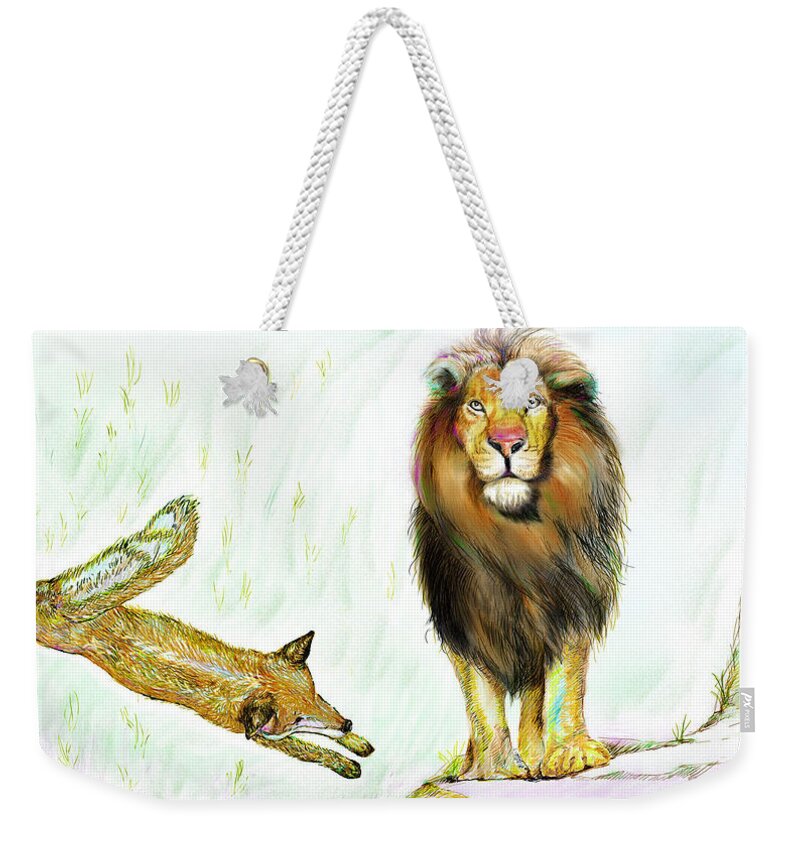Lion Weekender Tote Bag featuring the painting The Lion and The Fox 2 - The True FriendShip by Sukalya Chearanantana