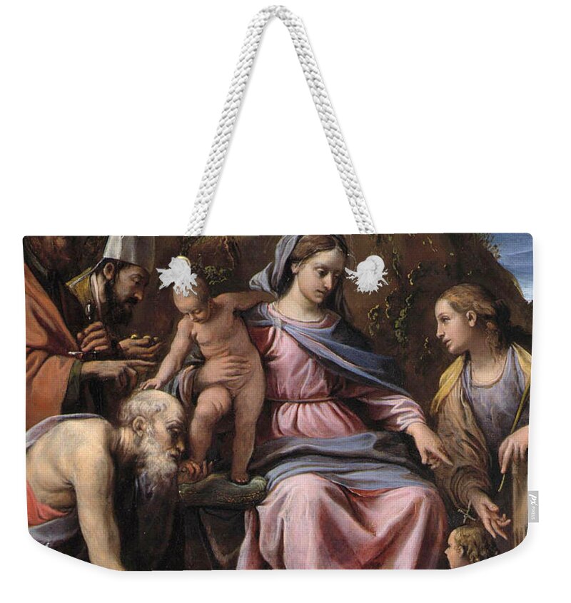 Alessandro Tiarini Weekender Tote Bag featuring the painting The Madonna and Child with Saints by Alessandro Tiarini