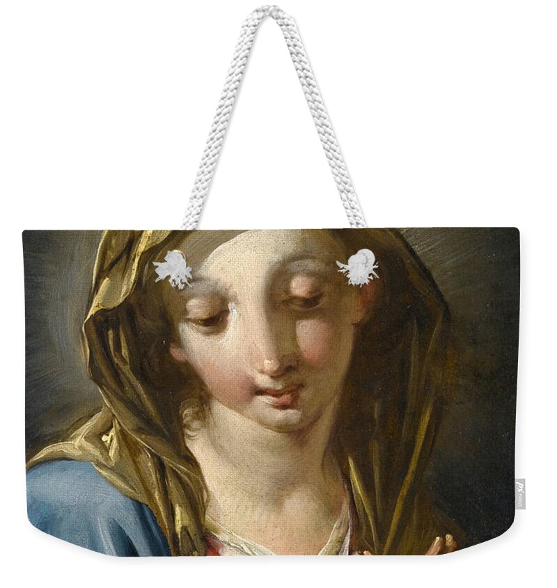 Giambattista Pittoni Weekender Tote Bag featuring the painting The Madonna annunciate by Giambattista Pittoni